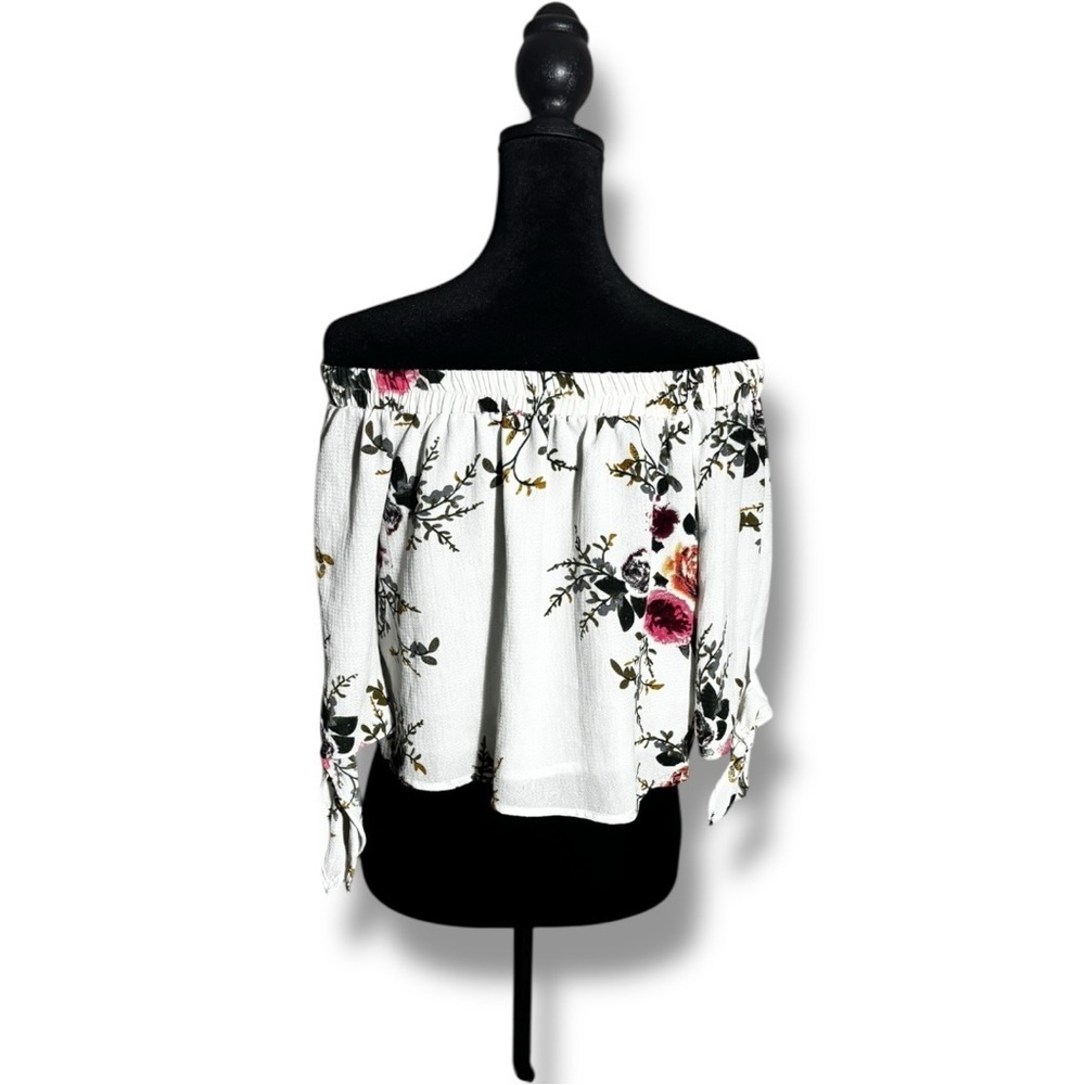 Unbranded Chic White Cotton Blend Floral Off-Shoulder 3/4 Tie Sleeves Blouse - Picture 5 of 16